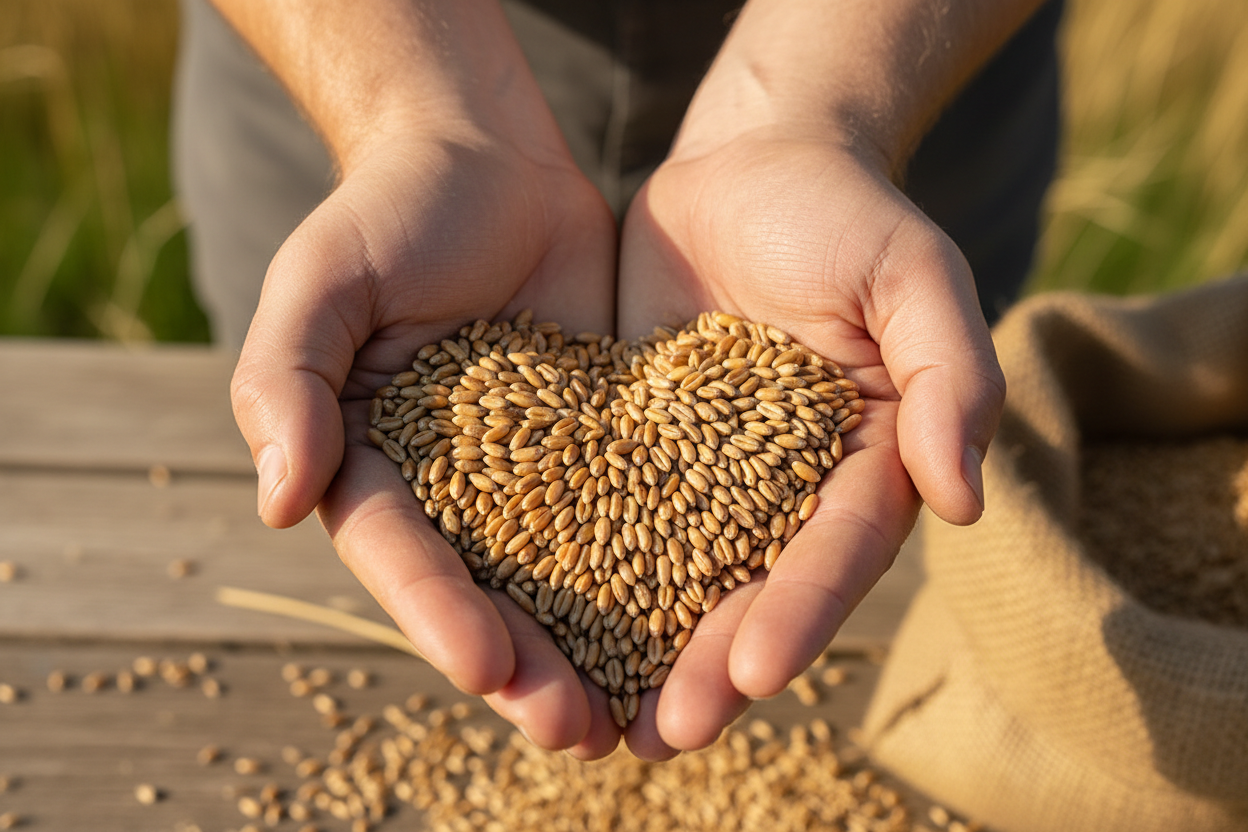 wheat grain in a heart shape in hands